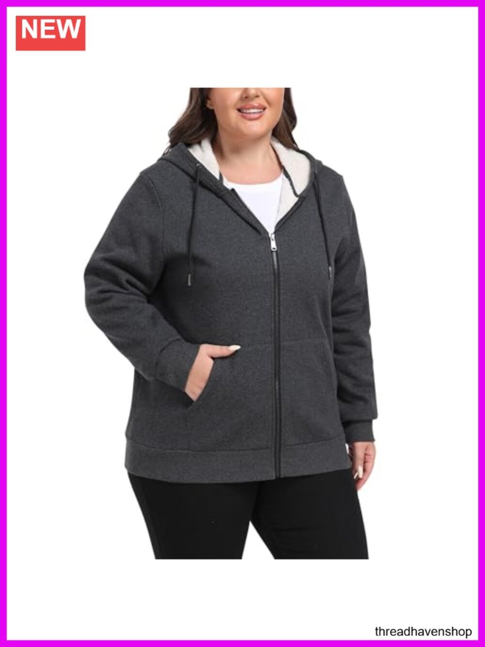Plus Size Fleece Zip Up Hooded Jacket Sherpa Lined Warm Coat